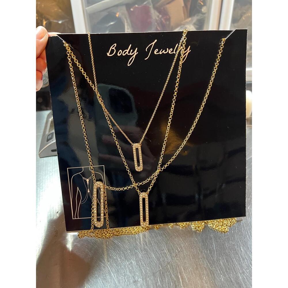 NWT Body Jewelry Gold Rectangle Pendant‎ Layered Design Rhinestones Womens